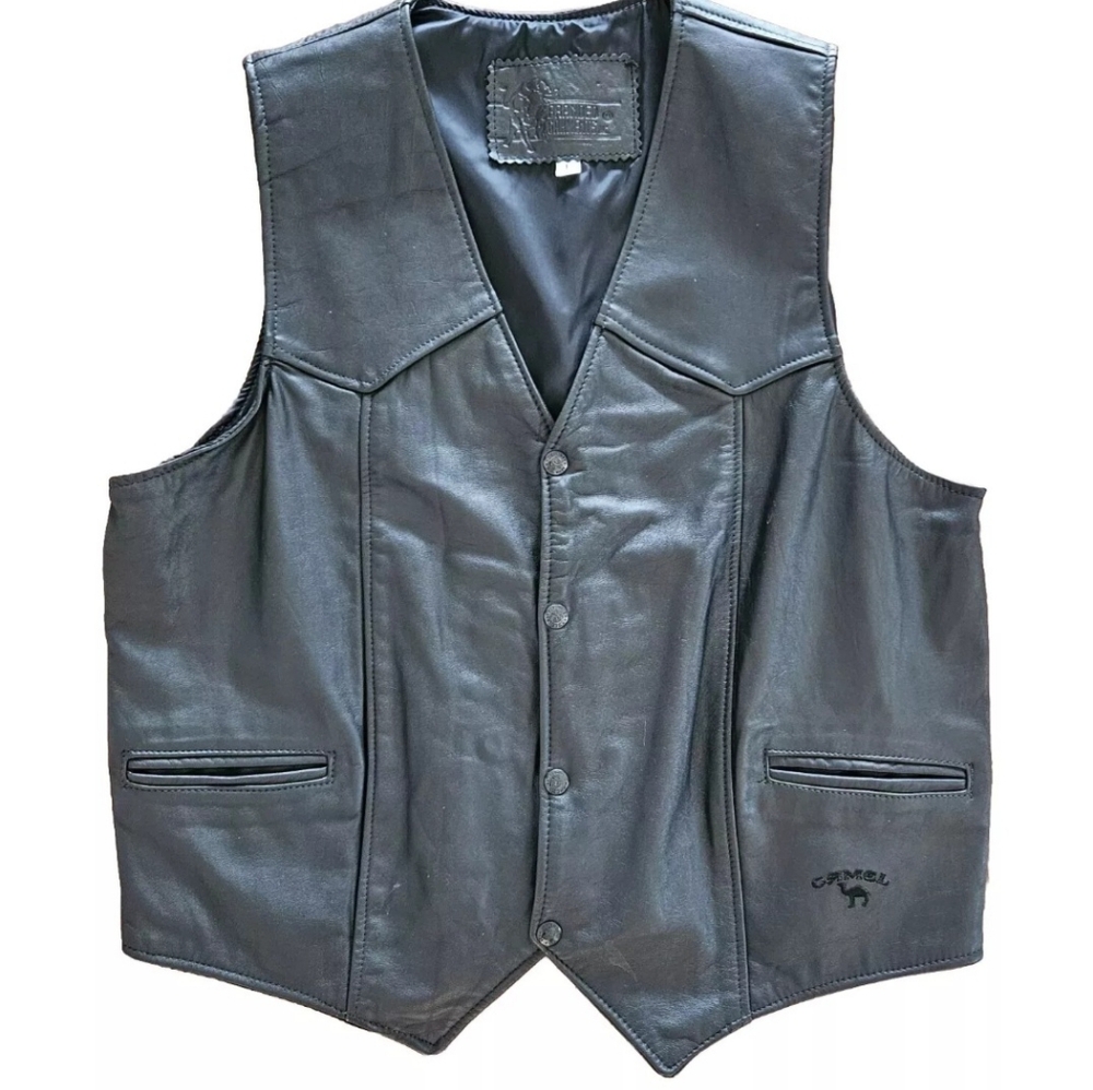 Vintage Black Camel Cigarettes Leather Biker Western Vest VTG L USA
